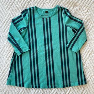 Tea Collection Girls 3T Aqua Blue Striped Trapeze Tunic Dress Long Sleeve